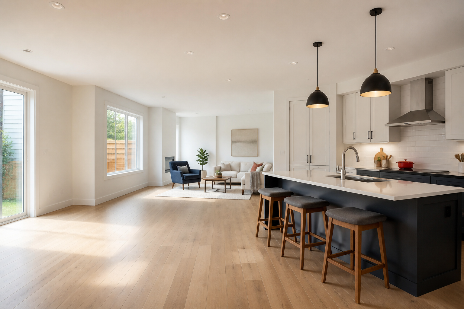 Illustrative renovation image of a bright open-plan kitchen and living area, not a completed R4RENO project